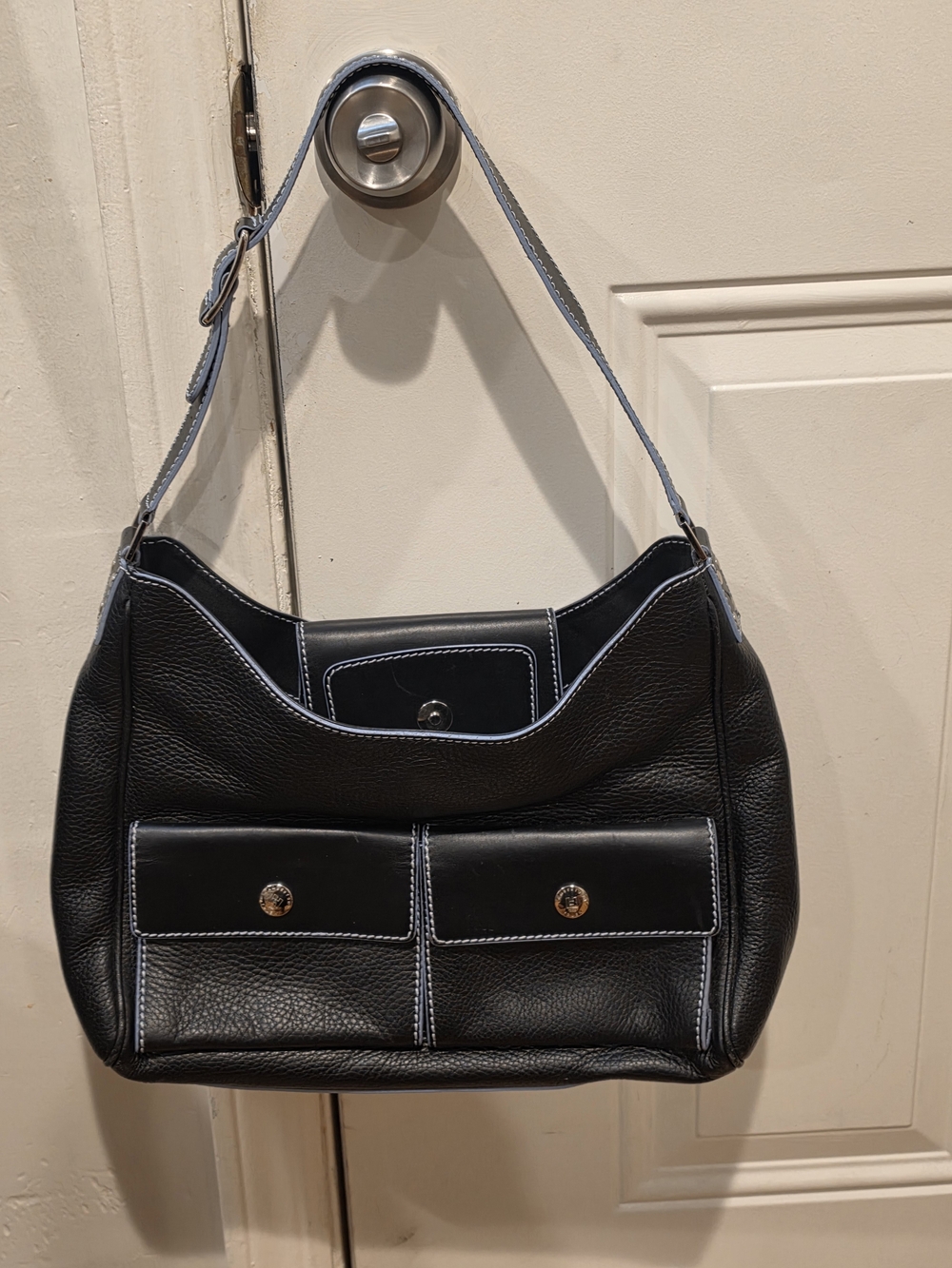 Lambertson Truex Black Leather Shoulder Bag with Front Pockets